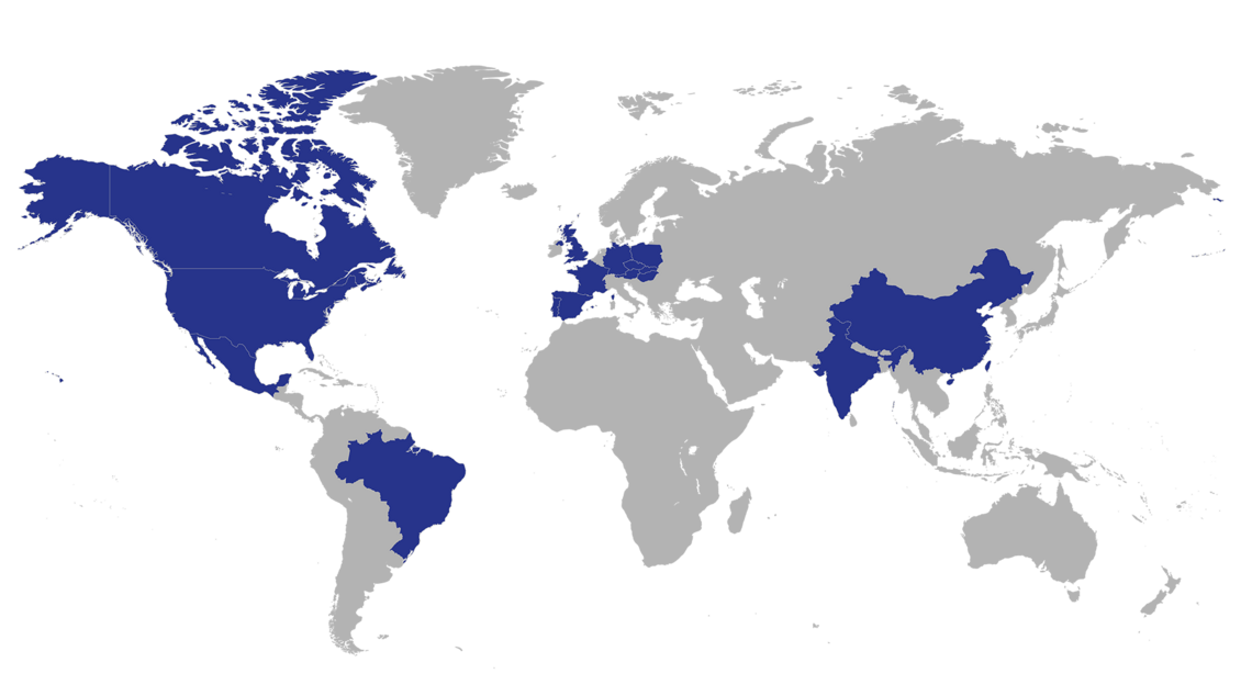Weltkarte mit gekennzeichneten Ländern, in denen Leadec aktiv ist.