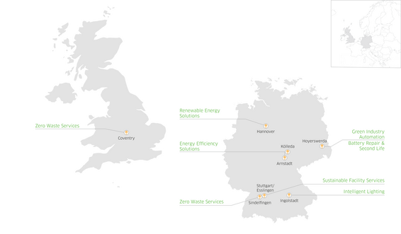 Two maps of the UK and Germany with Leadec's Green Hubs. 