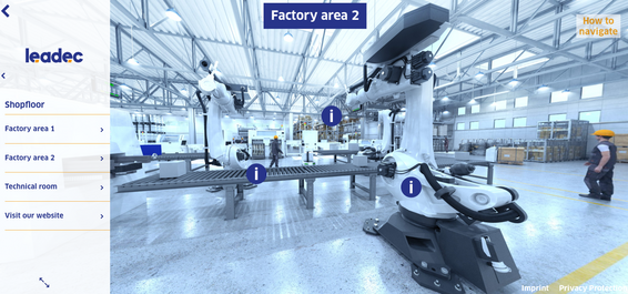 Graphic interior view of a factory with a robot arm. 