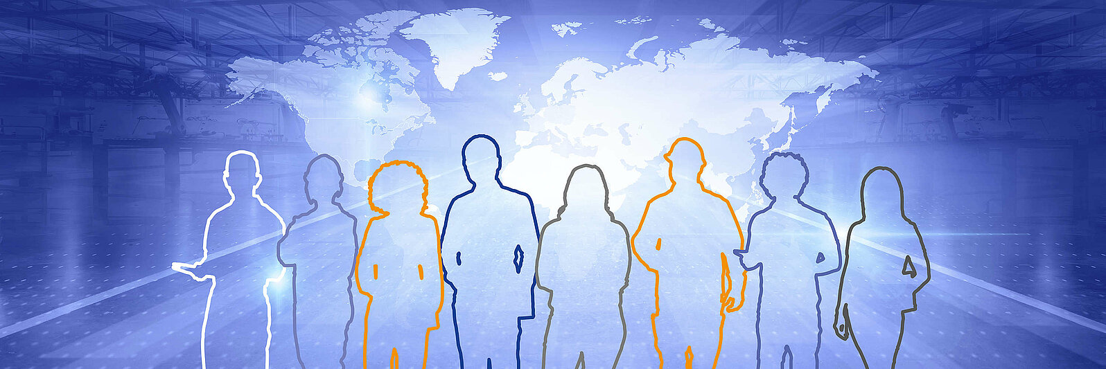 Outlines of several people in front of a world map, symbolizing diversity.