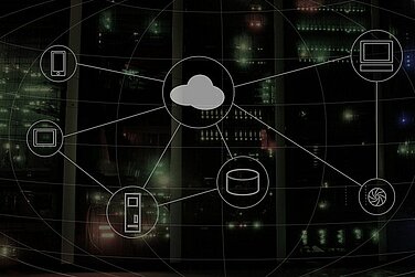 Graphical representation of cloud computing with icons.