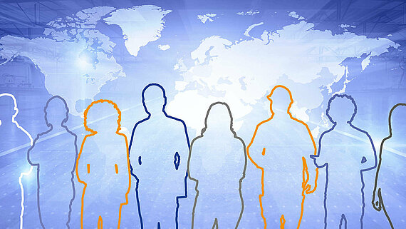 Outlines of several people in front of a world map, symbolizing diversity.