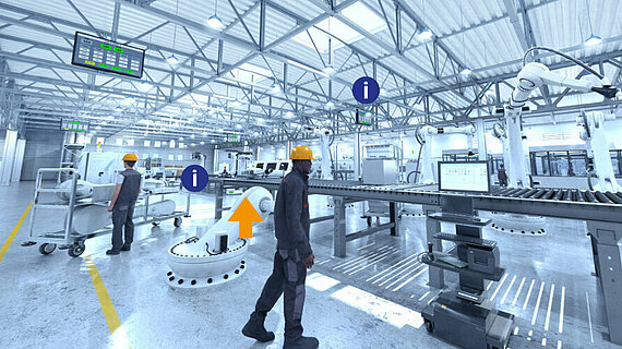 A virtual illustration of a factory with an assembly line and robot arms.