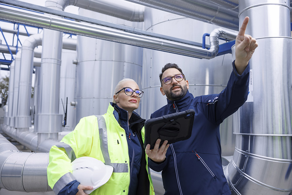 A female and a male Leadec employee with a tablet inspecting pipes on a factory roof.