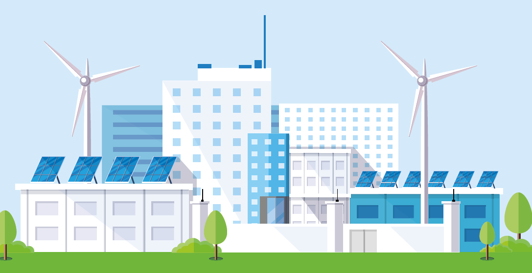 Illustration eines Bürogebäudes mit Windrädern und Solaranlage.