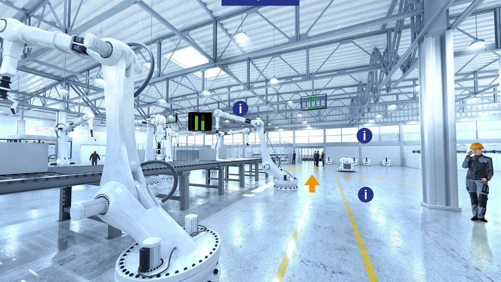 Eine virtuelles Abbild einer Fabrik mit einem Fließband, Roboterarmen und FTS.