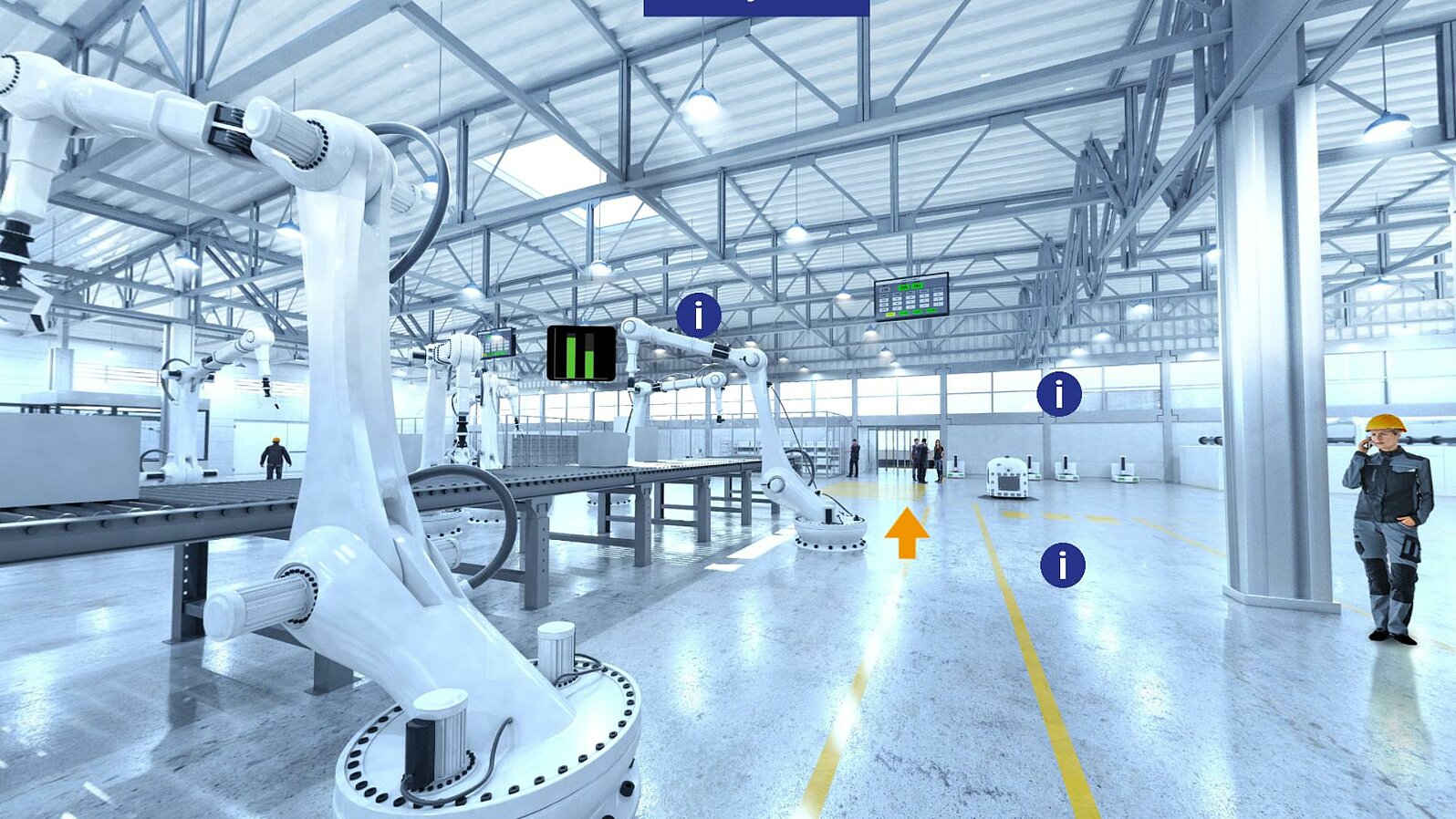 A virtual illustration of a factory with an assembly line, robot arms ang AGVs.