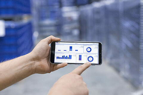 Someone holding a cellphone where you can see Leadec.os, our digital business platform.