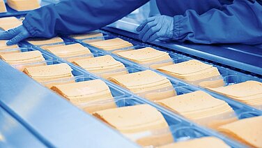 Conveyor belt with cheese slips that are being packaged.