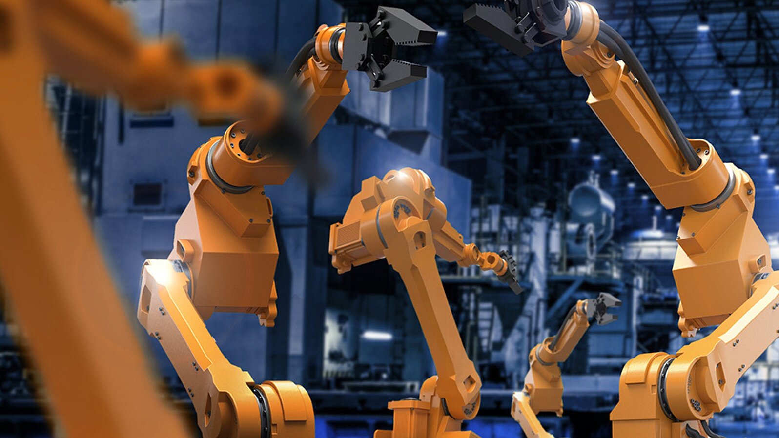 Several orange robot arms in front of a dark blue factory background.