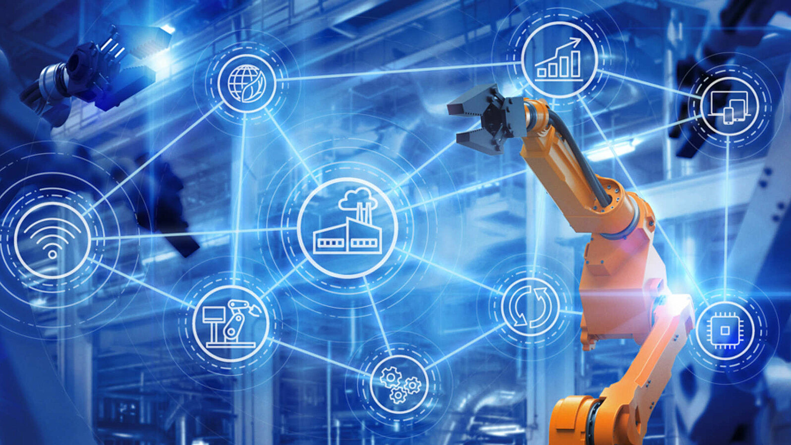 Visual representation of two robot arms with connected icons.