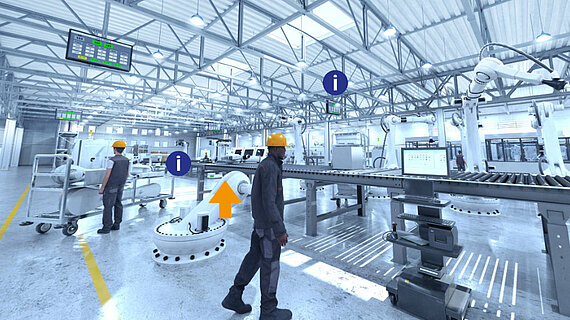 A virtual illustration of a factory with an assembly line and robot arms.