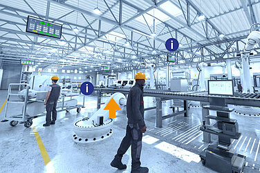A virtual illustration of a factory with an assembly line and robot arms.