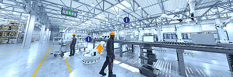 A virtual illustration of a factory with an assembly line and robot arms.